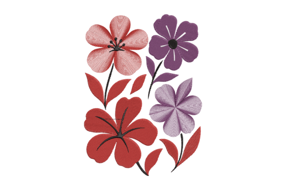 Charming Red Purple Flowers Embroidery Design
